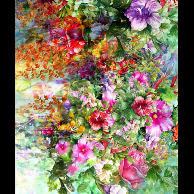 Flores de Jardim (Watercolor painting of a variety of flowers, including roses, petunias, and other blossoms.)
