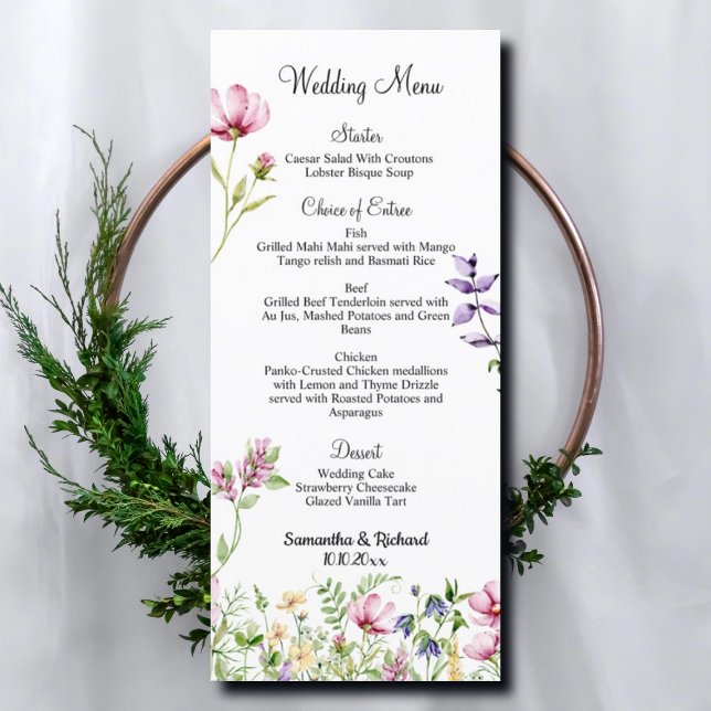 Flores de Jardim Aquarela 4x9" Menu Casamento (Criador carregado)
