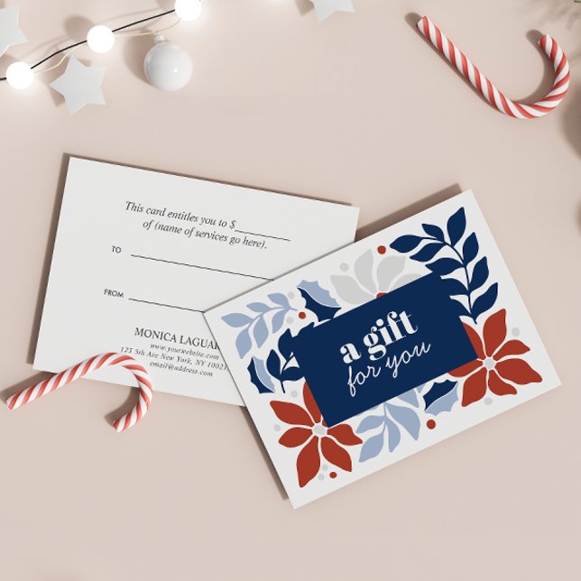 FLORES DE NATAL VERMELHO DE PRATA AZUL ESPECIAL (GIFT CERTIFICATE CHRISTMAS THEMED WITH BLUE LEAVES AND RED FLOWERS AND BERRIES. )