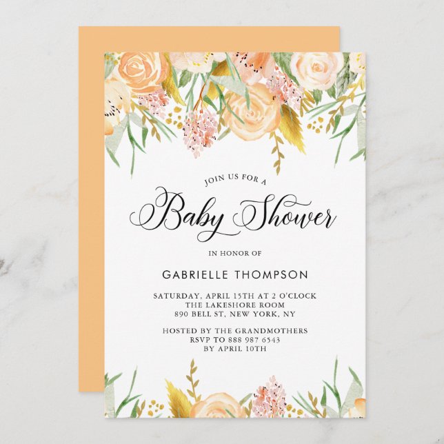 Flores de Pêssego e Convite para Chás de fraldas d (Frente/Verso)