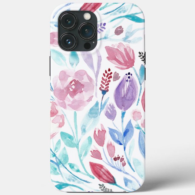 Flores de Primavera de Aquarelas de Azul-Teal Rosa (Verso)