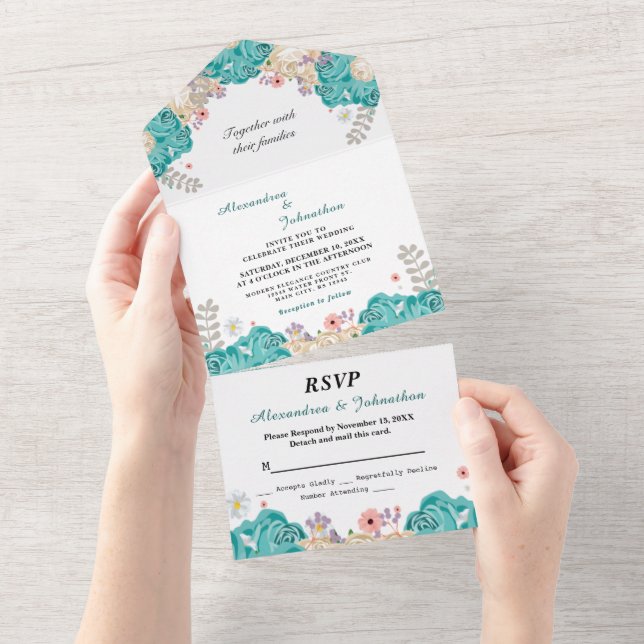 Flores de Rosas de Beige Verde de Casamento Elegan (Aba destacável)