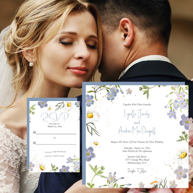 Flores de Verão Convite para Casamento Azul (Summer Flowers Blue Wedding Invitation and RSVP Card)