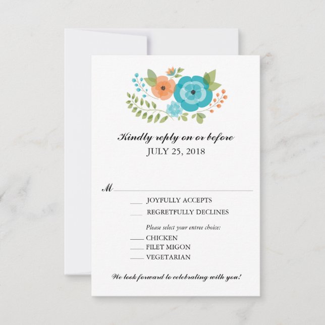 Flores de Verão Turquesa e Laranja Casamento RSVP (Frente)