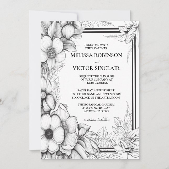 Flores desenhadas à mão e Convite para Casamento d (Frente)