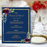 Flores do Menu Casado, marinho azul burgundy<br><div class="desc">Um cartão de cardápio do estilo boêmico elegante. Penas e rosas de cor aquosa em burgundy. Modelos para seus nomes,  data e menu de casamento. Uma falso estrutura dourada e um fundo azul marinho chic. Letras coloridas com ouro. Fundo: fundo azul marinho.</div>