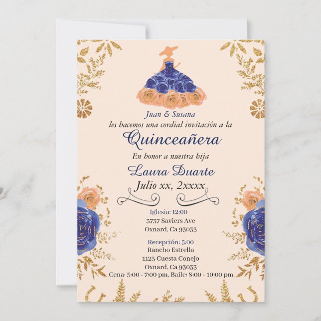 Flores Douradas do Convite para Quinceañera Azul e (Frente)
