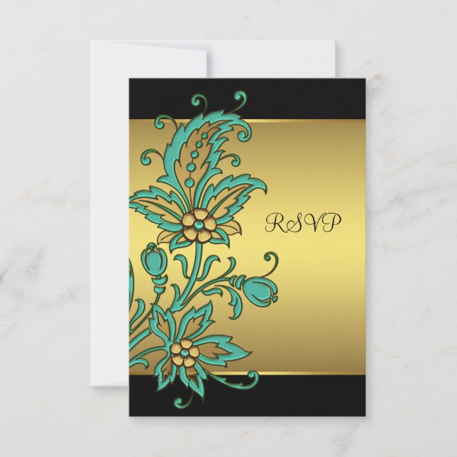 Flores Douradas Verde Água Bat Mitzvah RSVP (Frente)