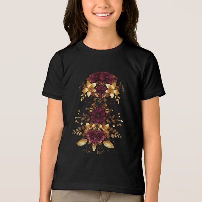Flores Douradas Vermelhas Burgundy Férias T-Shirt (Frente)