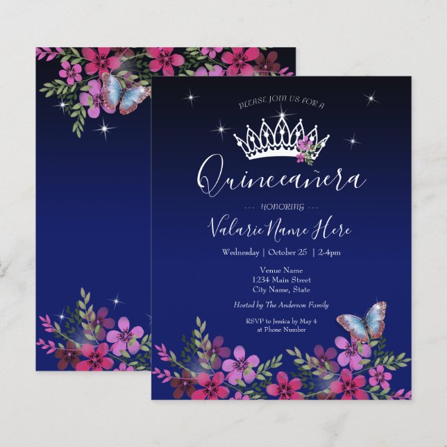 Flores e Borboleta Quinceanera (Frente/Verso)