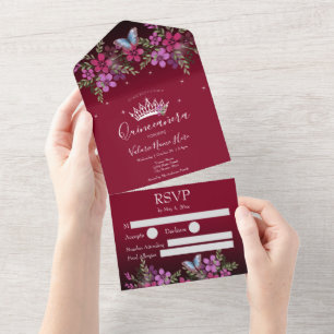 Flores e Borboleta Quinceanera Burgundy