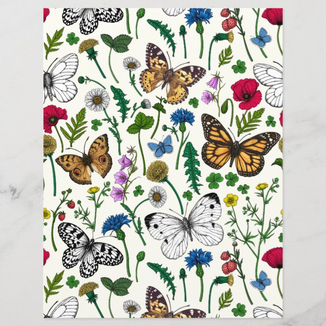 Flores e borboletas selvagens em branco (Frente)
