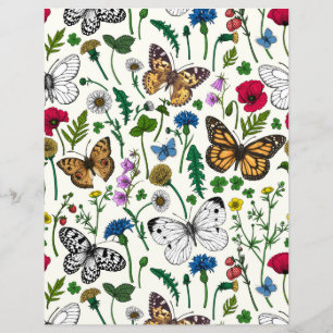 Flores e borboletas selvagens em branco