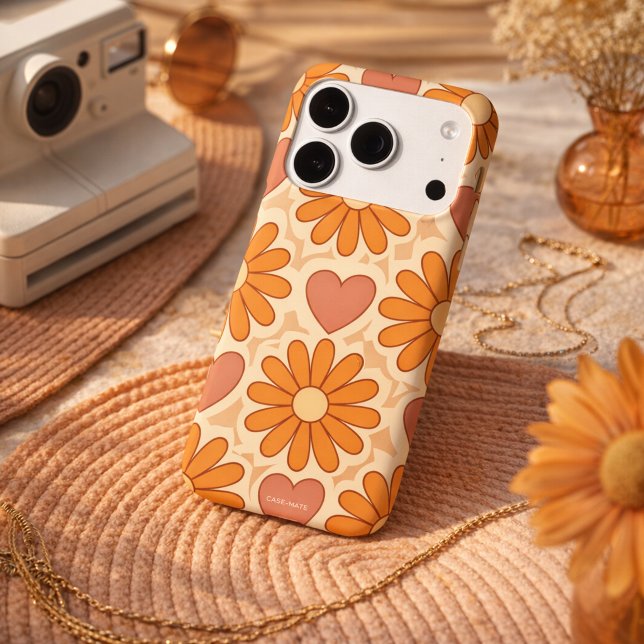 Flores e Corações de Hippie Groovy Retrô Mãe Perso (Retro Groovy Hippie Flowers & Hearts Custom Mother's Day Phone Case)