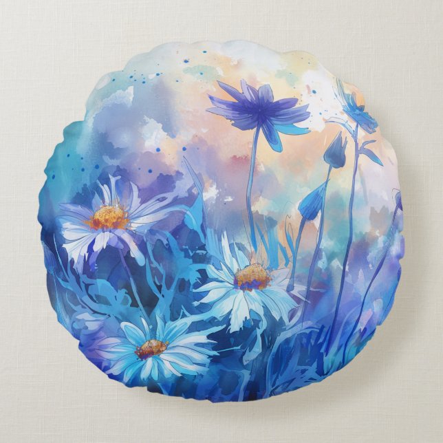 Flores em Aquarela – Almofada Redonda de Arremesso (Frente)