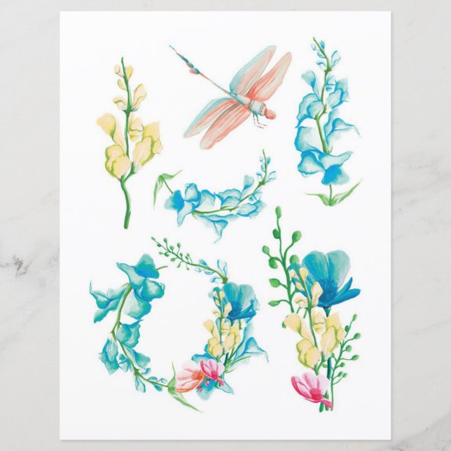 Flores em aquarela e insetos para recortar e colar (Frente)