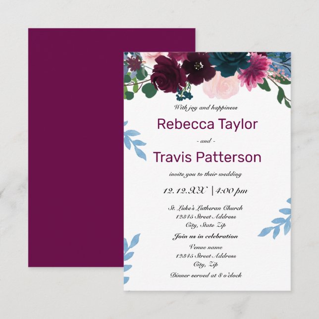 Flores em Flor Plum - Convite de Casamento/Recepçã (Frente/Verso)