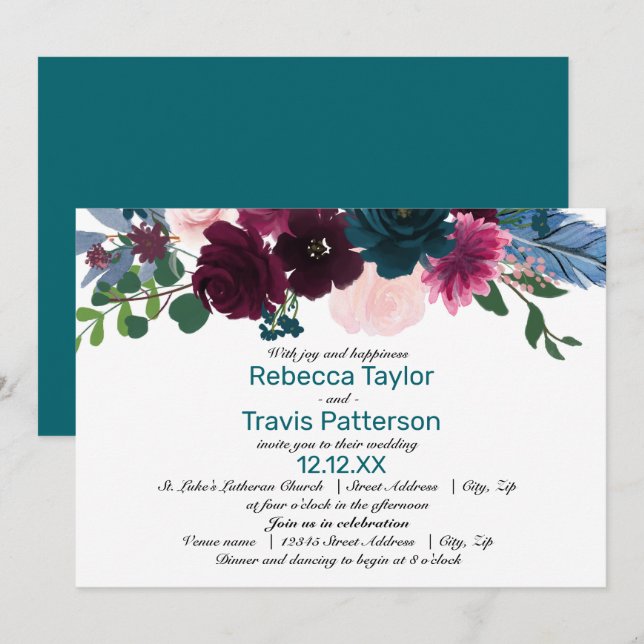 Flores em Flor Teal - Convite de Casamento/Recepçã (Frente/Verso)