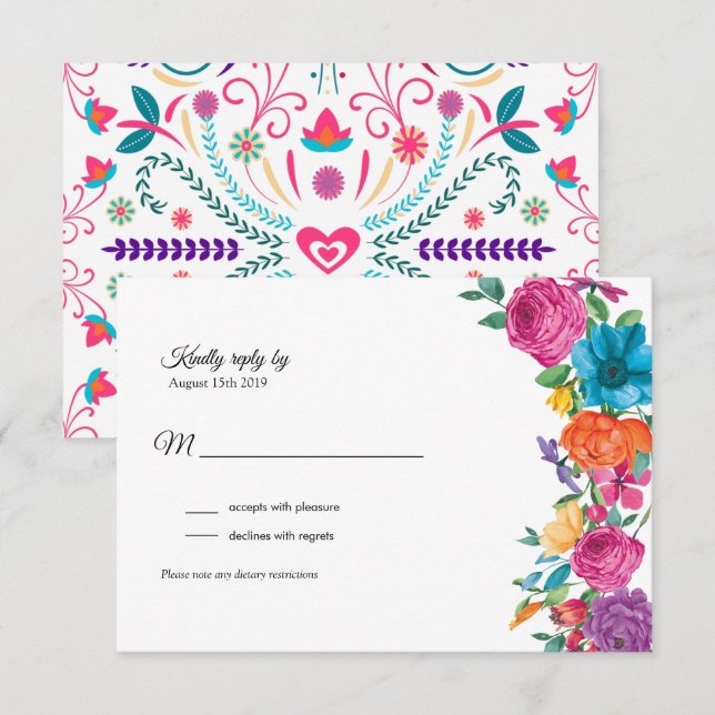 Flores Fiesta e placa RSVP de bordado mexicano (Frente/Verso)