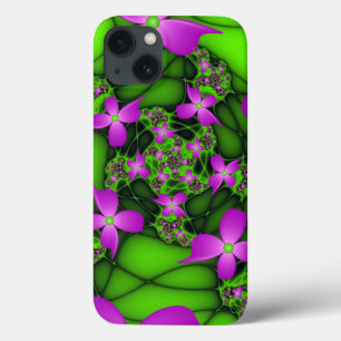 Flores Fractais Abstratas Modernas Rosa Verde Neon