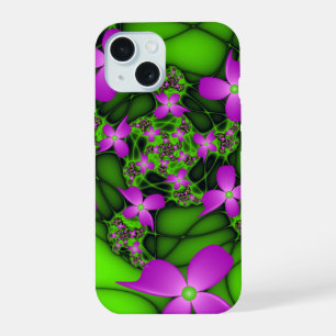 Flores Fractais Modernas Abstratas Neon Rosa Verde