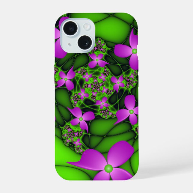 Flores Fractais Modernas Abstratas Neon Rosa Verde (Verso)