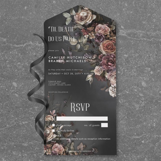Flores Góticas Negras Sem Detalhes do Janto (Black Moody Gothic Flowers Mist No Dinner Details All In One Invitation)