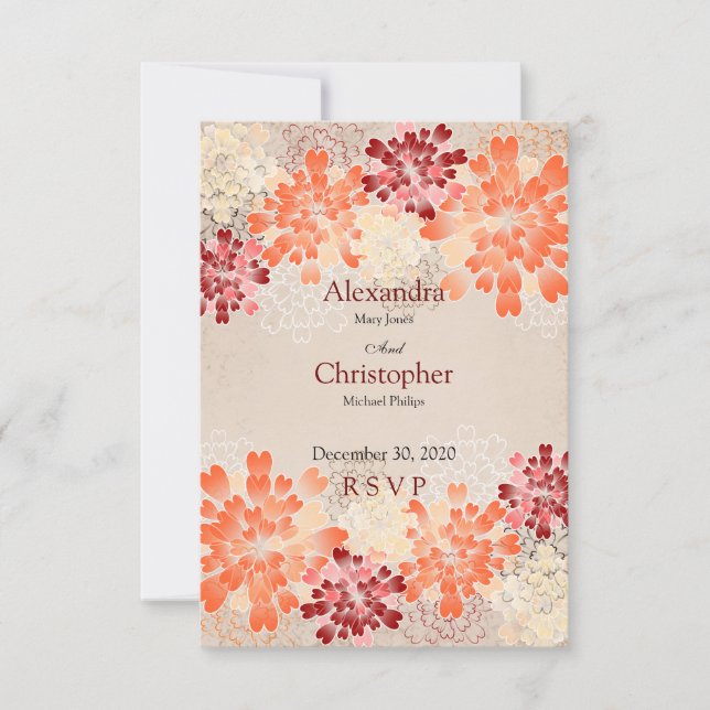 Flores Laranja Vermelhas e Cremes RSVP de Casament (Frente)