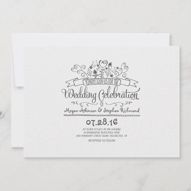 Flores manuscritas convites de casamento casuais m (Frente)