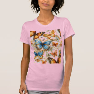 Flores multicolores em borboletas t-shirt feminina