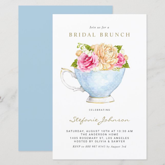 Flores no Convite de Brunch Teacup Bridal (Frente/Verso)