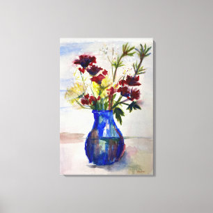 Flores no Impressão de Aquarela Canvas Vase Azul