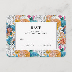 Flores Pintadas à Mão Azul e Laranja - RSVP de Cas