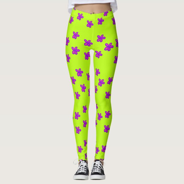 flores pintadas em leggings verdes (Frente)