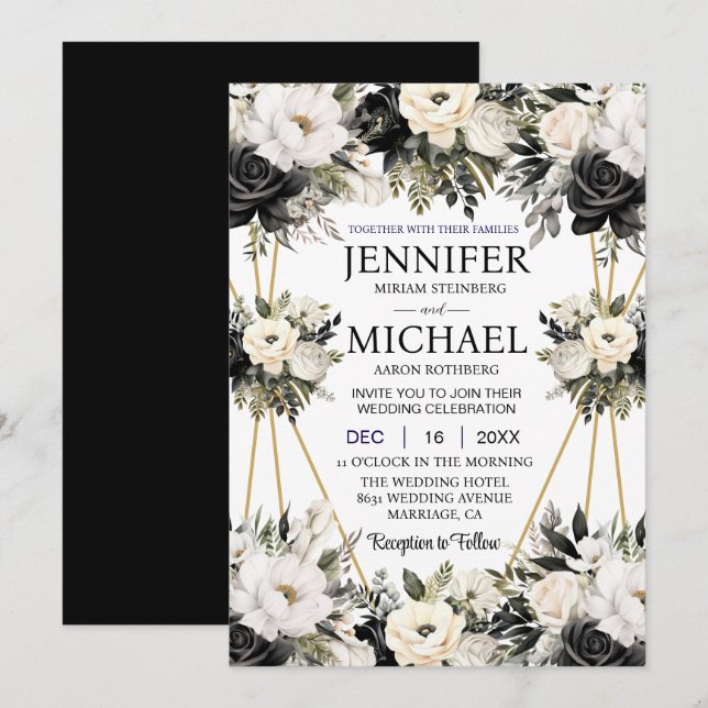 Flores Pretas e Brancas Convites para Casamento (Frente/Verso)