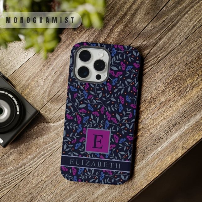 Flores Pretas Florais Azul Roxo Escuro Personalizá (Customizable Black Floral Dark Purple Blue Flowers iPhone Case)
