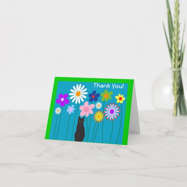 Flores Retro e Gato Negro - Cartões de agradecimen (Frente)