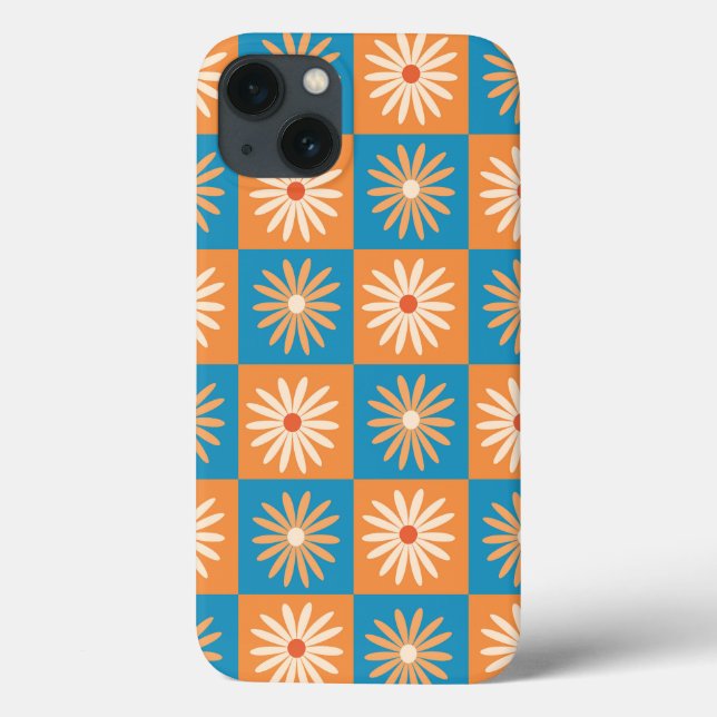 Flores Retro em Xadrez Azul e Laranja (Verso)