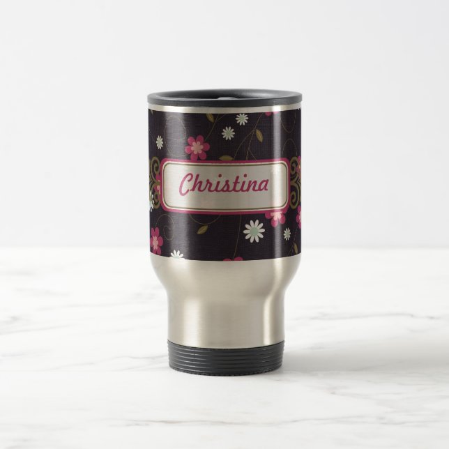 Flores Rosa 15 oz. Caneca de viagem de aço inoxidá (Centro)