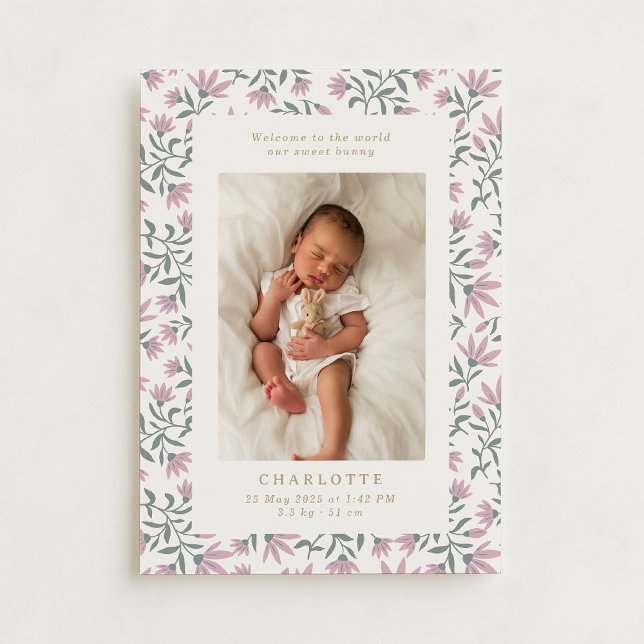 Flores rosa | cartão de anúncio de nascimento bebê (Criador carregado)