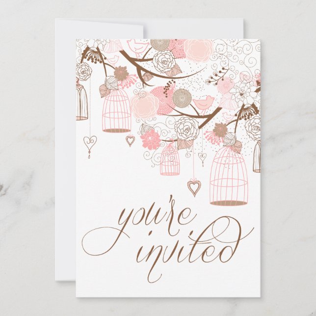 Flores Rosa Corações e Birdcages Convite para Casa (Frente)