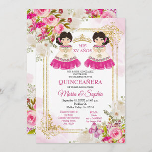 Flores Rosa e Brancas Twin Quinceanera Convite