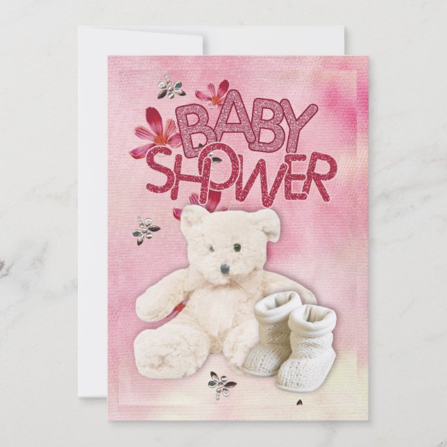 Flores Rosa e Teddybear Babyshower Convite (Frente)