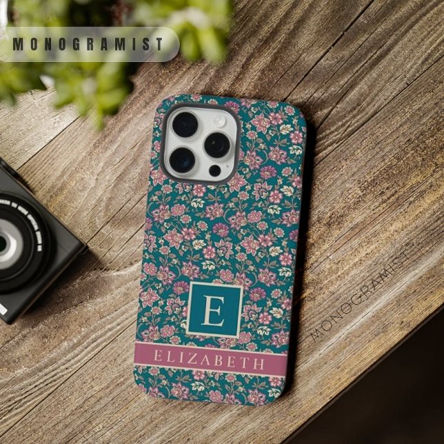 Flores Rosa Floral Verde Teal Personalizáveis (Customizable Teal Green Floral Pink Flowers iPhone Case)