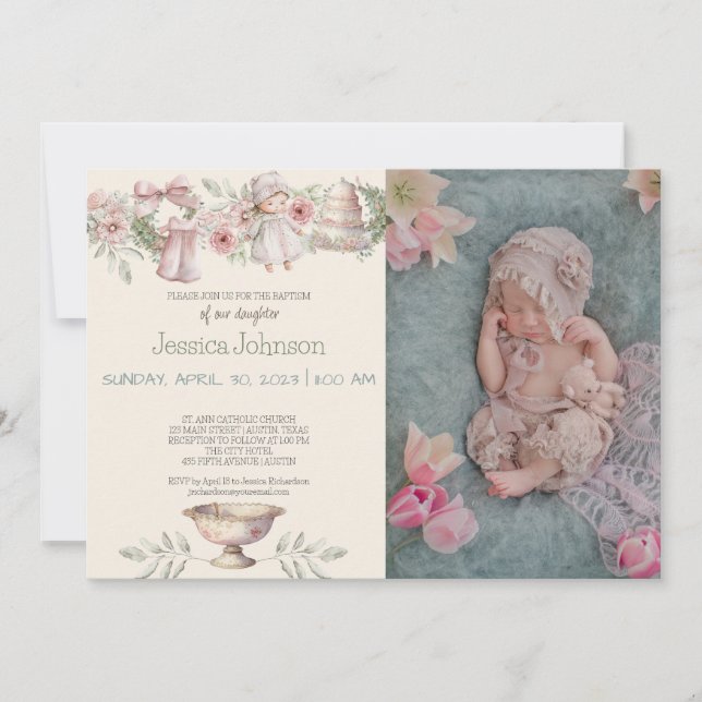 Flores Rosa Meninas Batismo Convite (Frente)