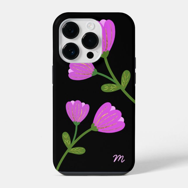 Flores rosa na Capa de telefone preta (Verso)