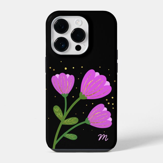 Flores rosa na Capa de telefone preta (Verso)
