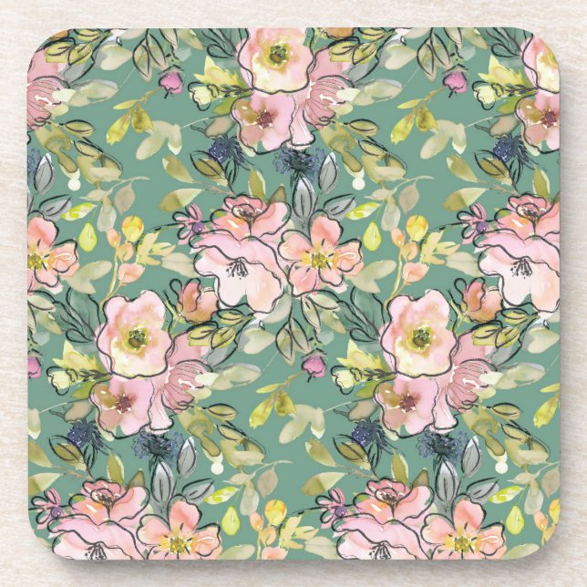 Flores Rosa na Porta copos Verde, Bebida Floral (Frente)