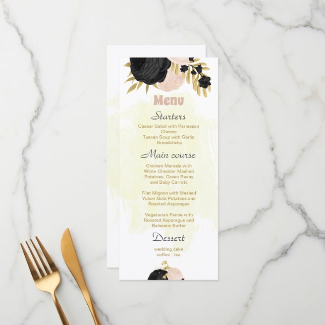 flores rosa pretas menu de casamento botânico dour (Frente/Verso In Situ)