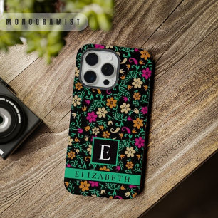 Flores Rosa Verde Floral Preto Personalizável